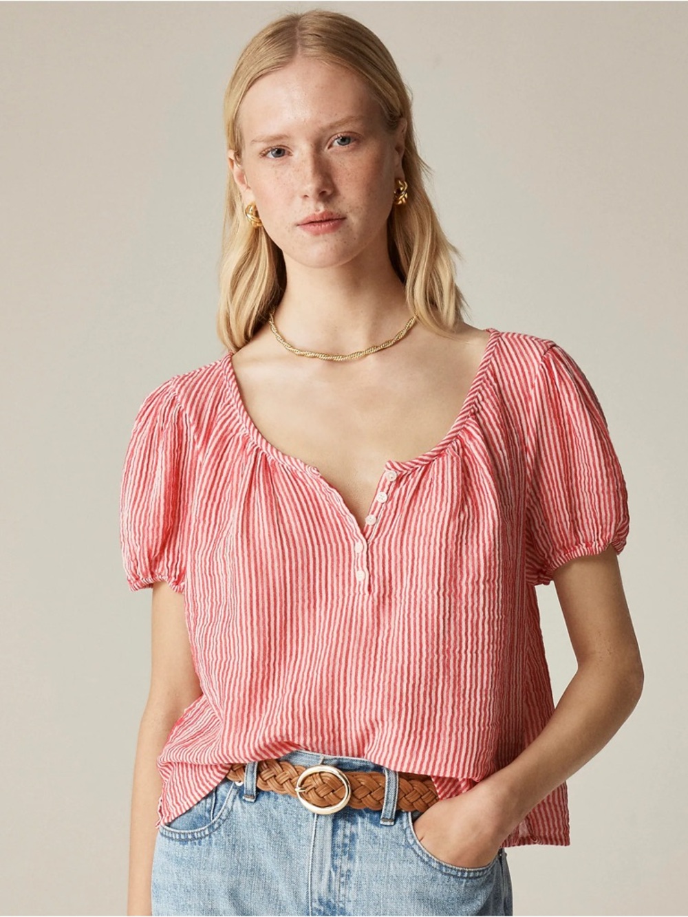 J. Crew Large Red & White Striped Henley Puff Sleeve Cotton Gauze Top July